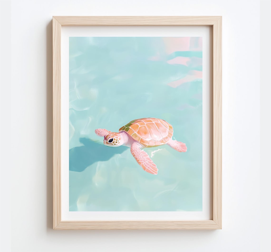 Baby Sea Turtle Swimming In Turquoise Water Pastel Ocean Art Poster - Image 2