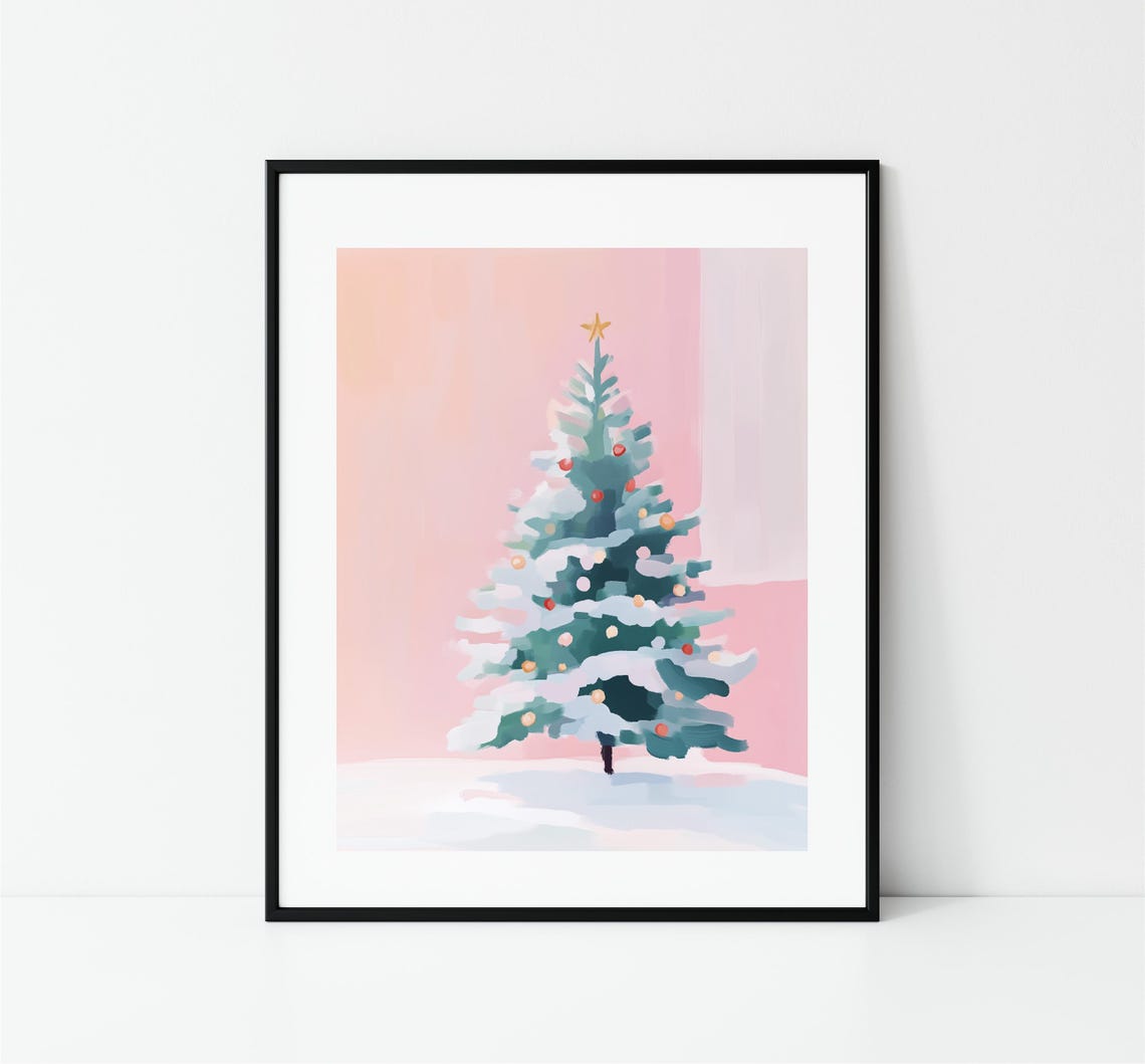 Snowy Christmas Tree Ornaments Pink Background Holiday Art Print - Image 3
