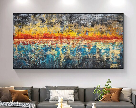 Blue And Navy With Orange Horizon Line On Blue Yellow Abstract Painting Navy Blue Landscape Wall Art Modern Oil Painting