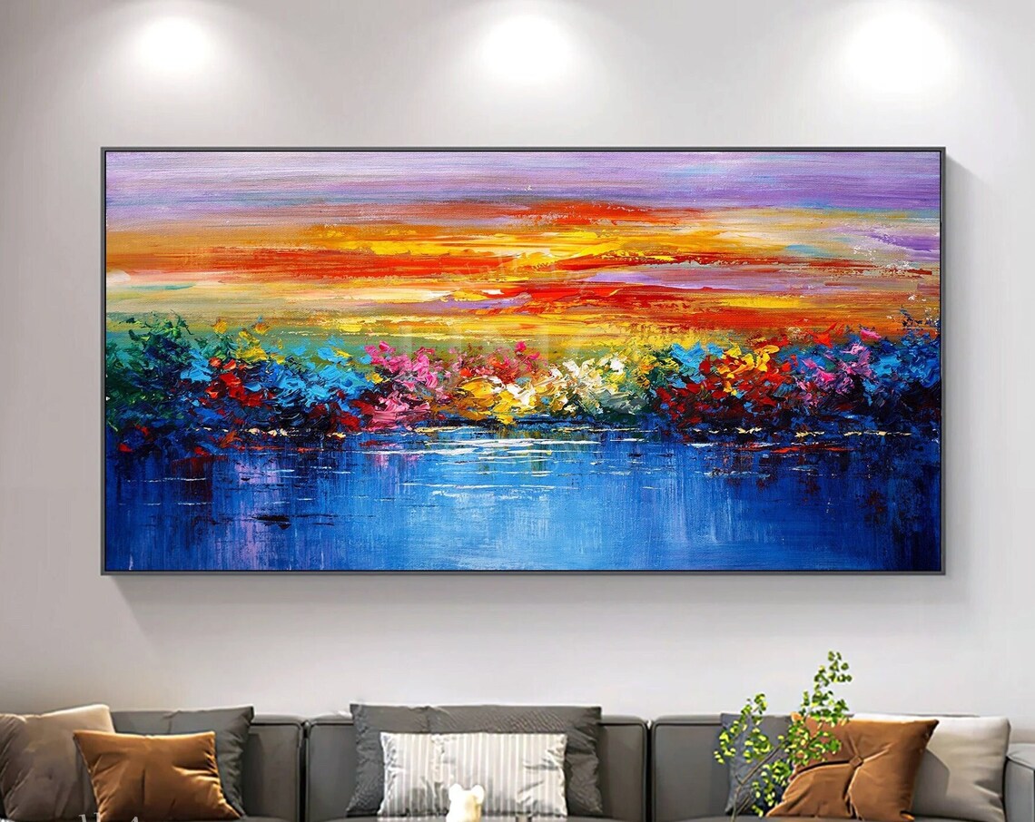Colorful Lakeside Sunset Flowers Landscape Impasto Painting Art Poster