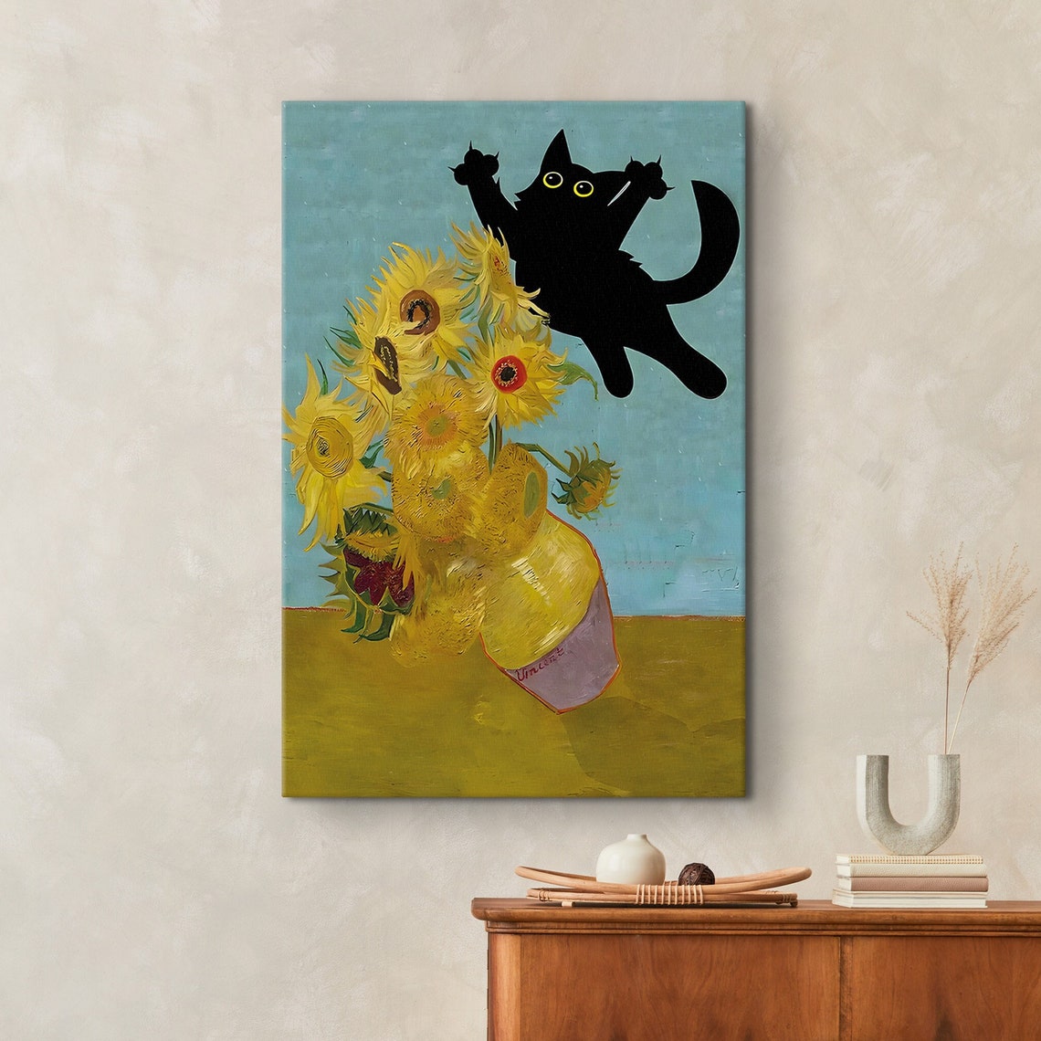Van Gogh Sunflowers With Leaping Black Cat Funny Whimsical Poster