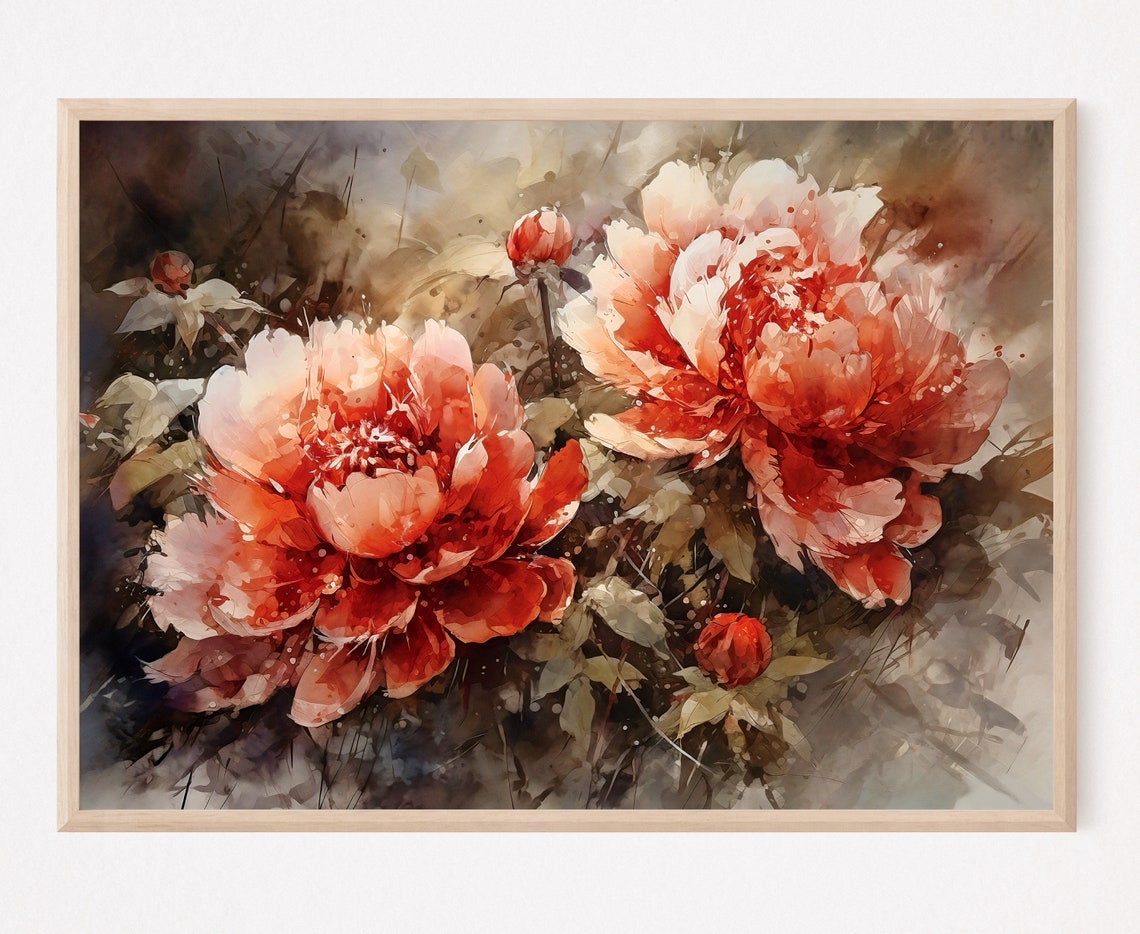 Coral Peonies Lush Blooms Painterly Floral Watercolor Wall Art