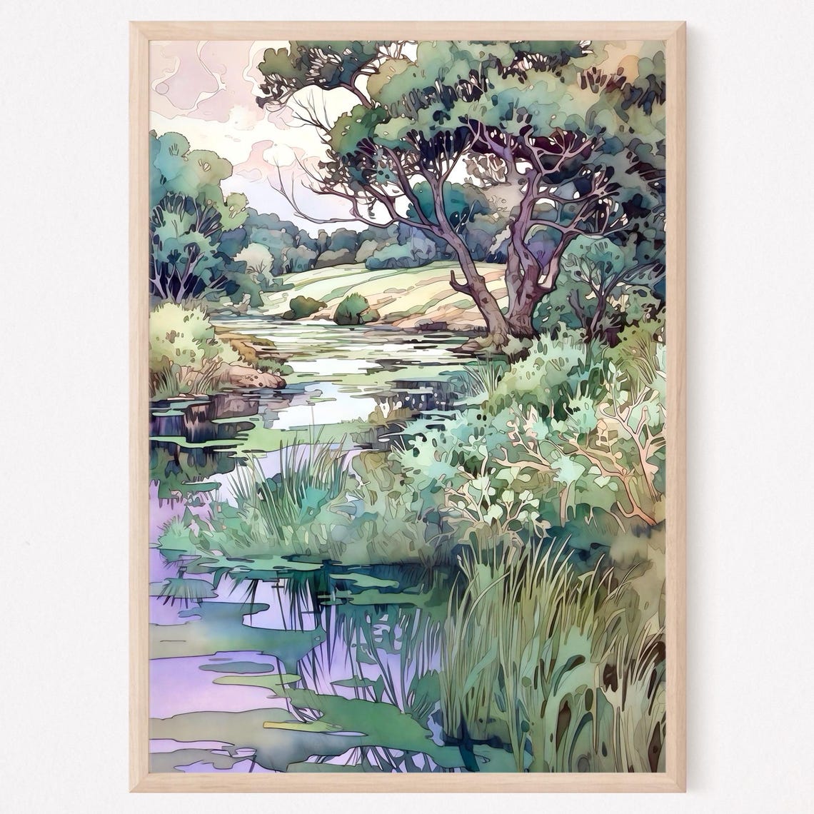 Lush Green Pond Under Tall Trees Watercolor Landscape Poster
