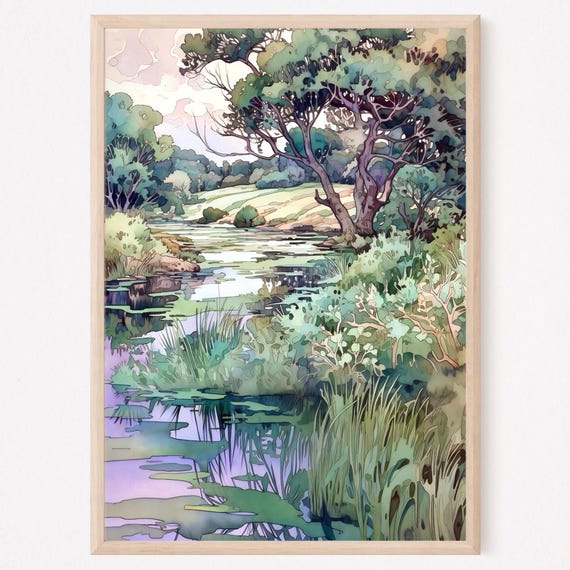 Country Landscape Rural River Watercolor Painting Art Print Summer Wall Decor Green And Purple Nature Poster Home Decor Gift Art