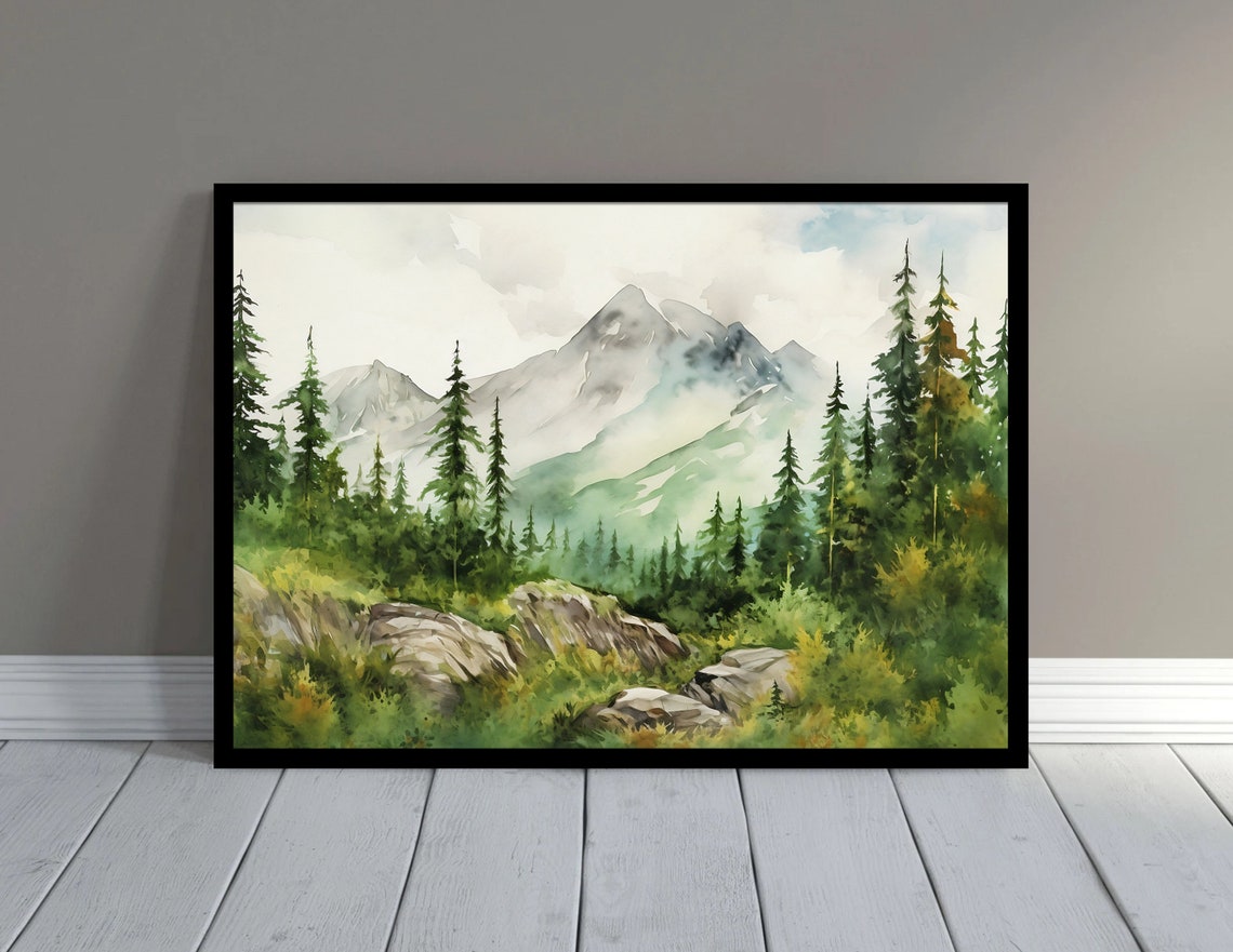 Green Pine Forest Mountain Backdrop Serene Watercolor Art Poster - Image 4