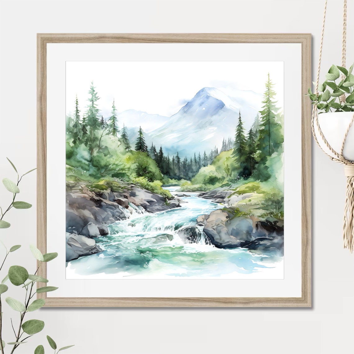 Rushing Mountain Stream Evergreen Forest Misty Peak Watercolor Poster - Image 3