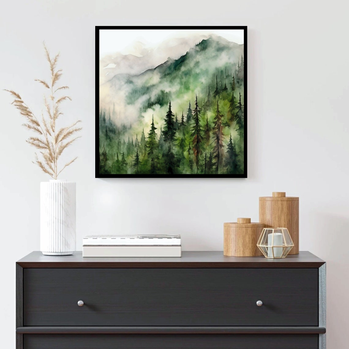 Foggy Pine Forest Misty Mountain Ridge Watercolor Painting Poster - Image 2
