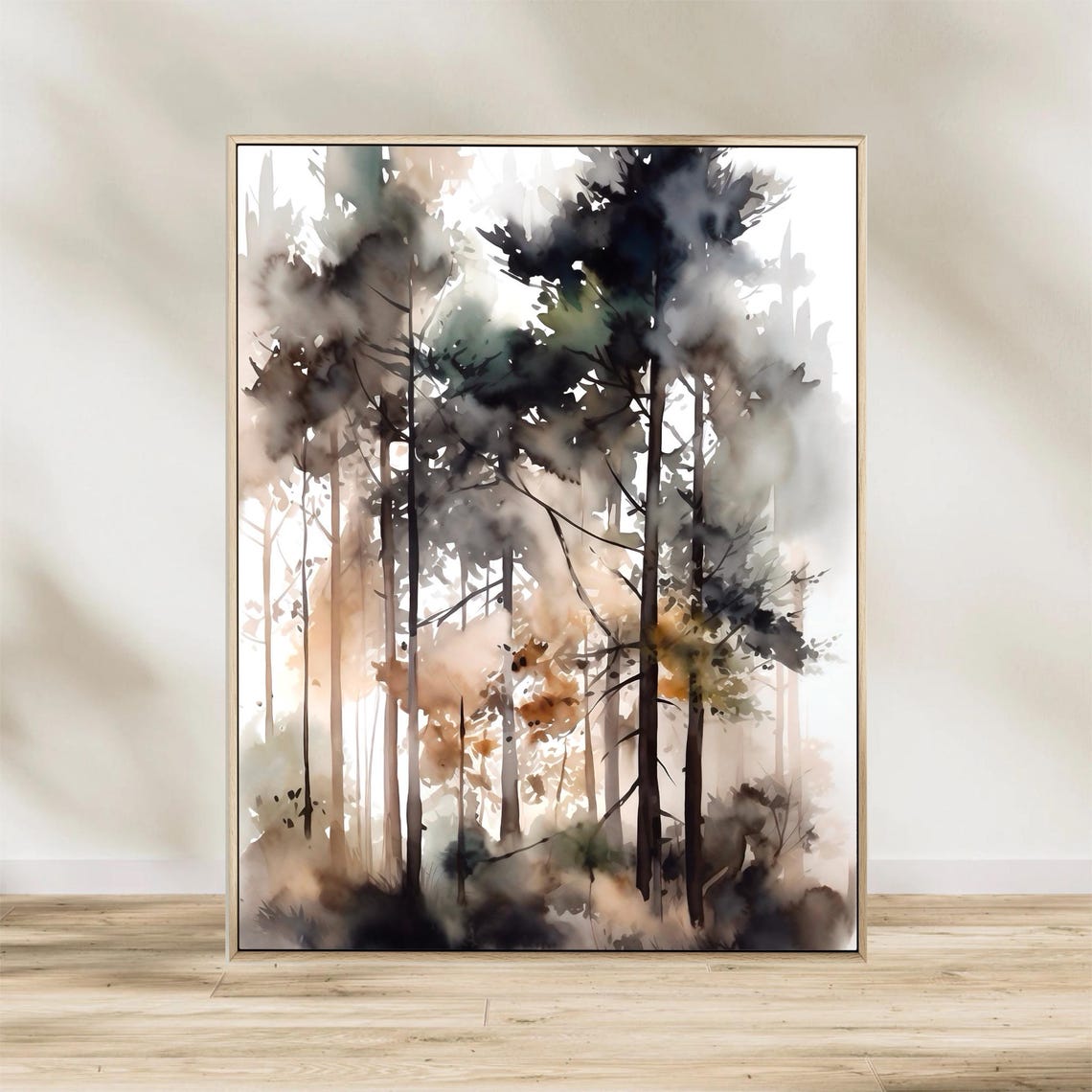 Misty Pine Forest Warm Golden Light Foggy Trunks Watercolor Poster - Image 2