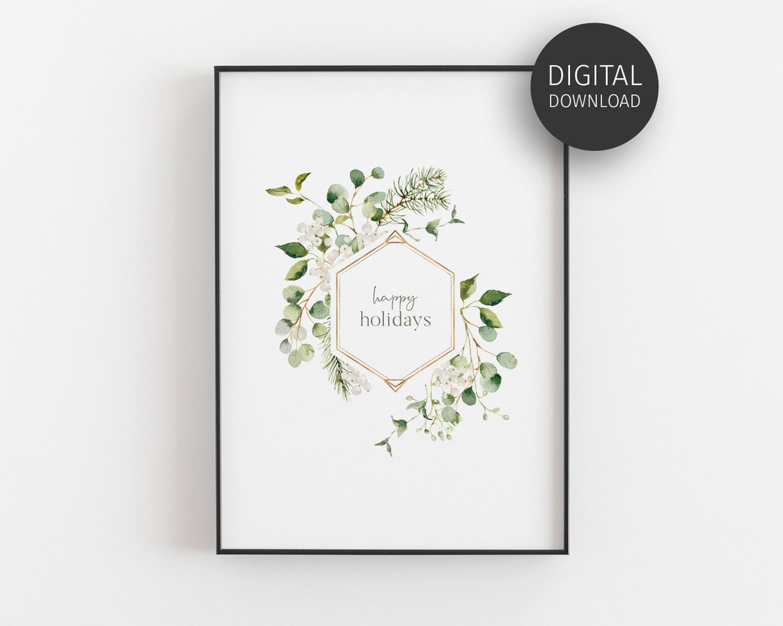 Happy Holidays Eucalyptus Wreath Watercolor Christmas Poster