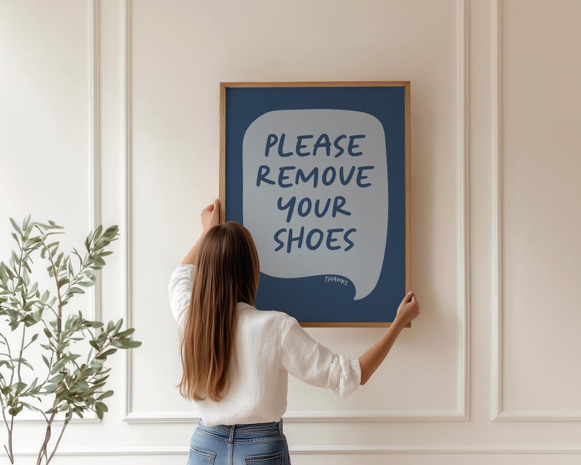 Please Remove Your Shoes Thanks Navy Blue Entrance Sign Wall Art - Image 3