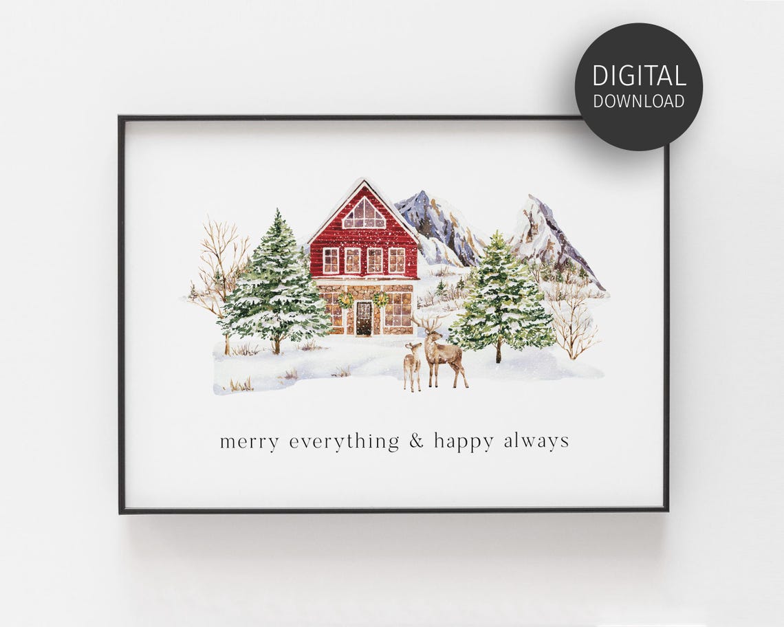 Merry Everything Happy Always Watercolor Winter Chalet Wall Art