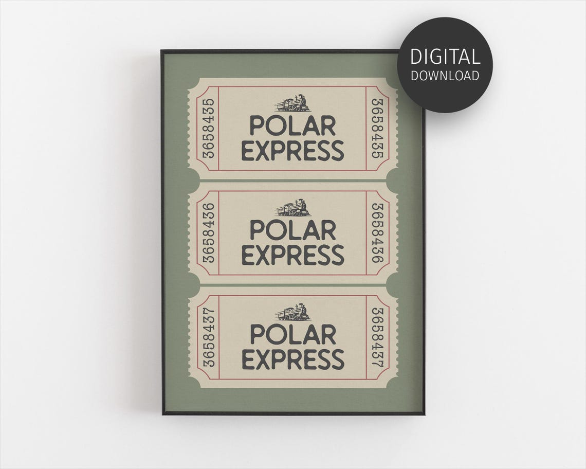 Polar Express Ticket Vintage Sage Green Christmas Train Art Poster