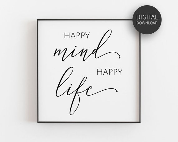 Happy Mind Happy Life Print Prints Meditation Decor Zen Poster Therapy Quote Wall Art Scandinavian Minimalist