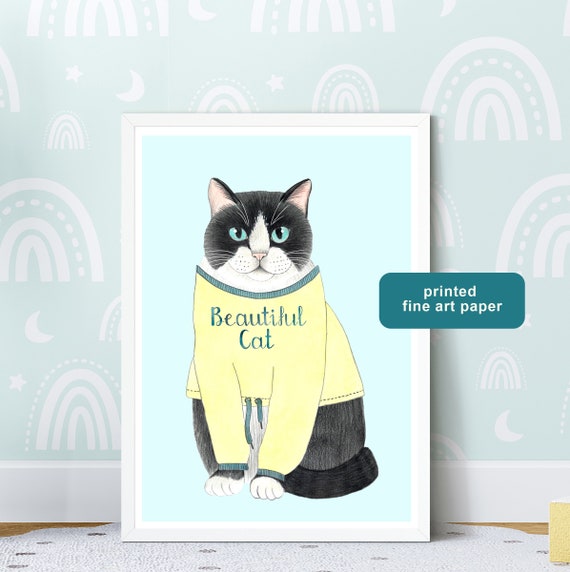 Cat Artwork Nursery Prints Tuxedo Art Print Wall Baby Room Decor Themed Gifts Whimsical Animal Paintings Cats Poster