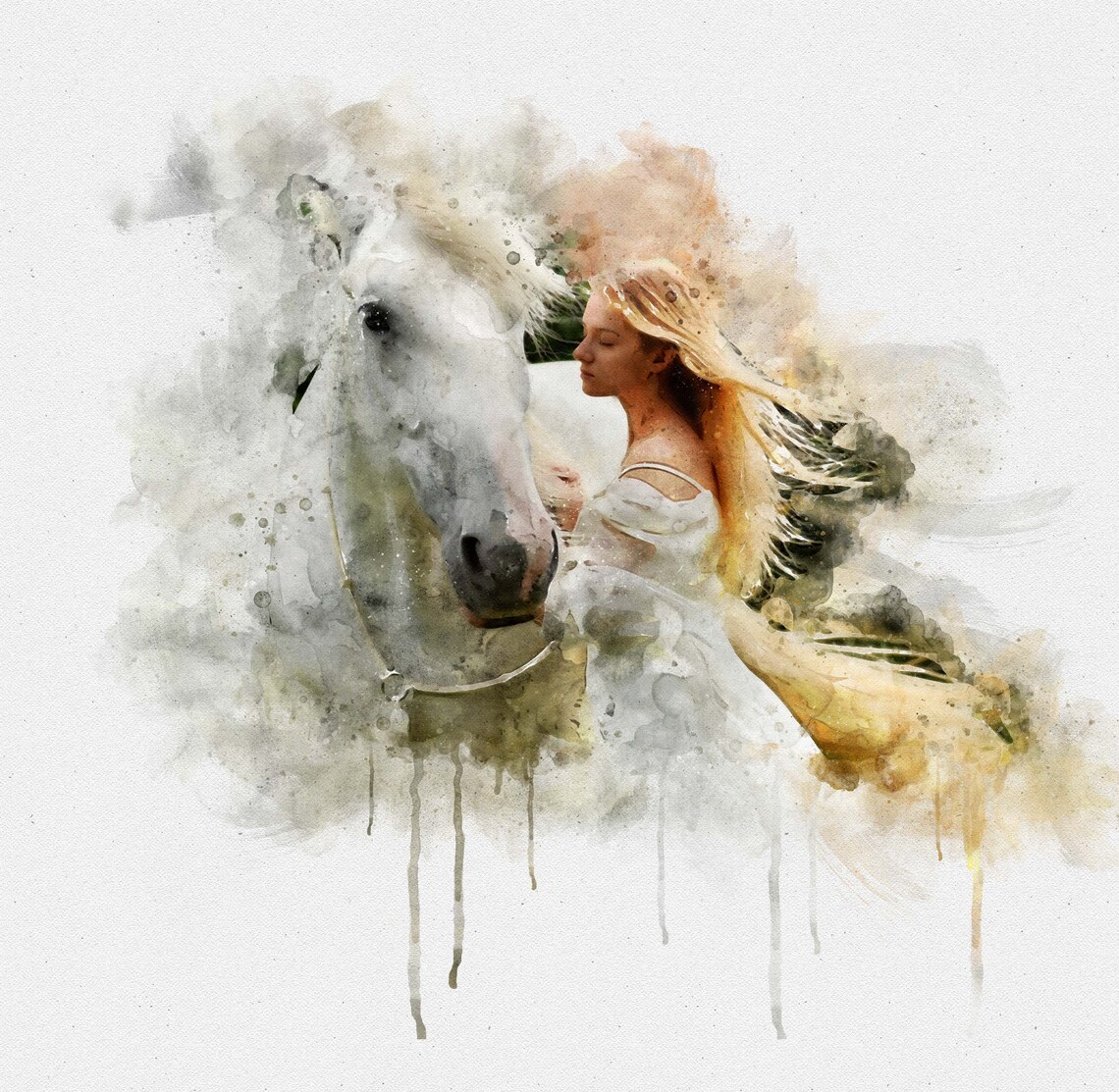 Blonde Woman and White Horse Watercolor Dreamy Equine Portrait Poster