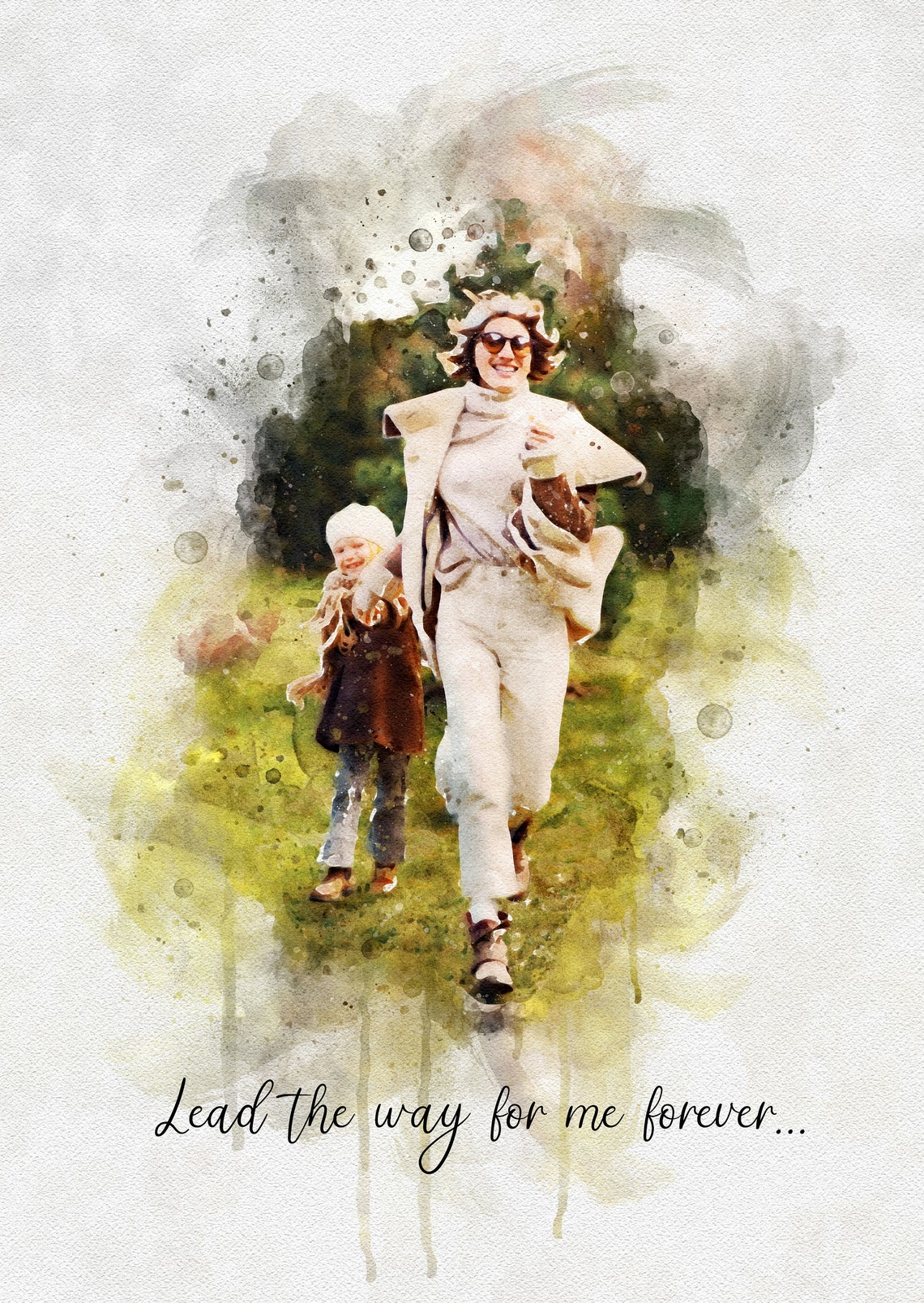 Mum Hugging Two Daughters in Winter Watercolour Portrait Text Poster - Image 2