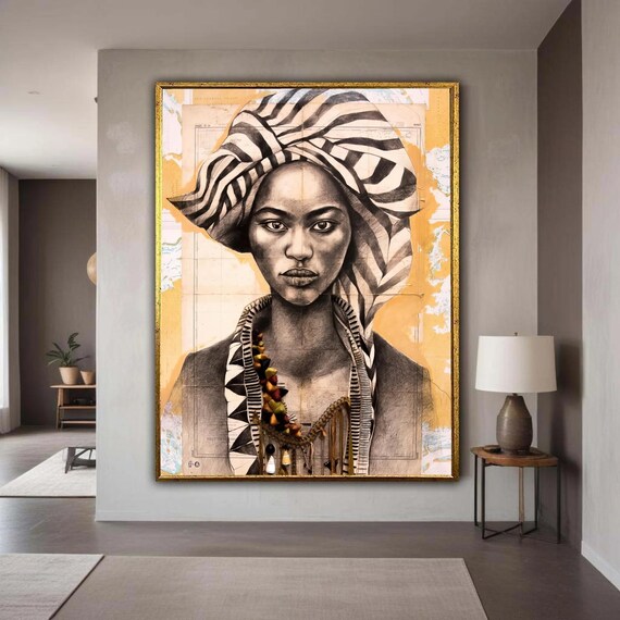 African Woman Striped Headwrap Amber Beads Mixed Media Portrait Poster