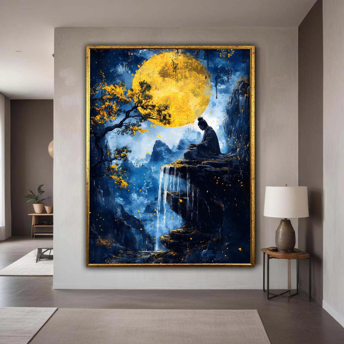 Meditative Zen Buddha Canvas Mystical Waterfall Landscape Spiritual Wall Art Tranquil Mountain Scene Yellow Moon Gift Home Decor