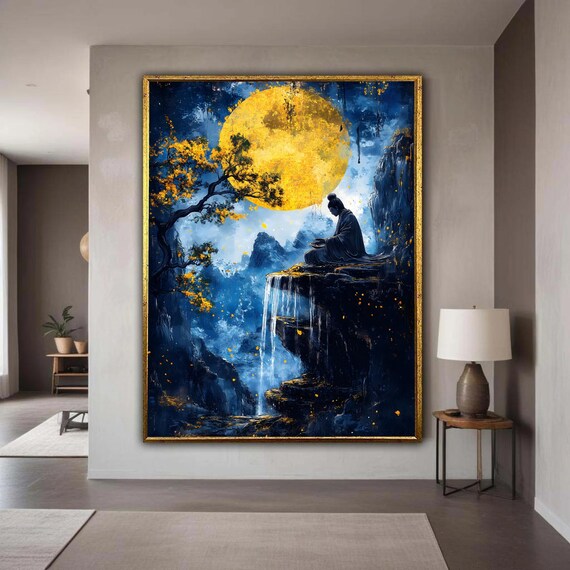 Meditative Zen Buddha Canvas Mystical Waterfall Landscape Spiritual Wall Art Tranquil Mountain Scene Yellow Moon Gift Home Decor