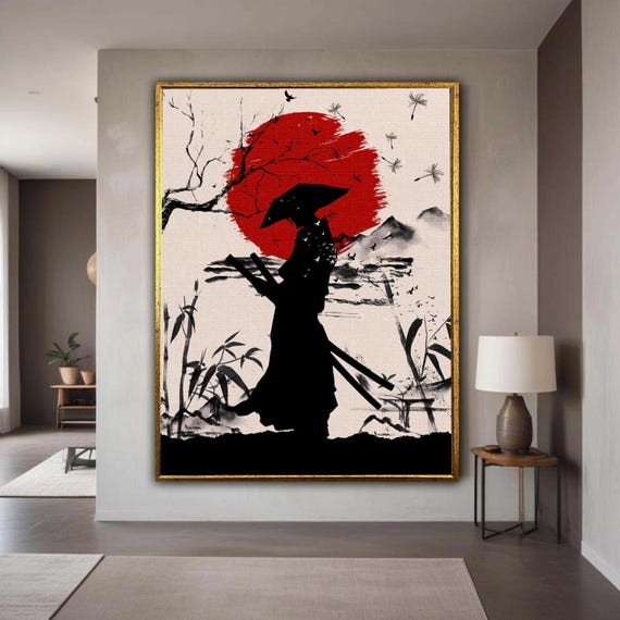 Samurai Silhouette Canvas Wall Art Japanese Ink Painting Style Asian Warrior Decor Red Sun Minimalist Gift Home