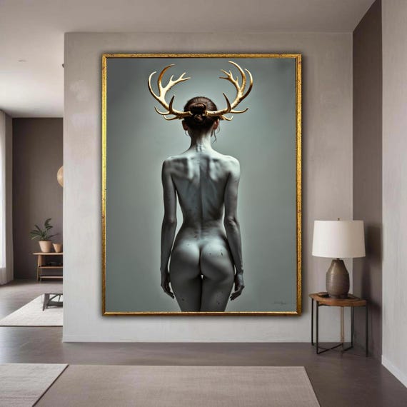Ethereal Nude Back Art Woman With Golden Antlers Canvas Surreal Minimalist Wall Modern Home Decoration Gift Decor