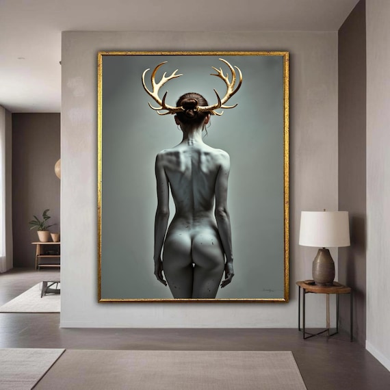 Ethereal Nude Woman With Golden Antlers Surreal Minimalist Poster