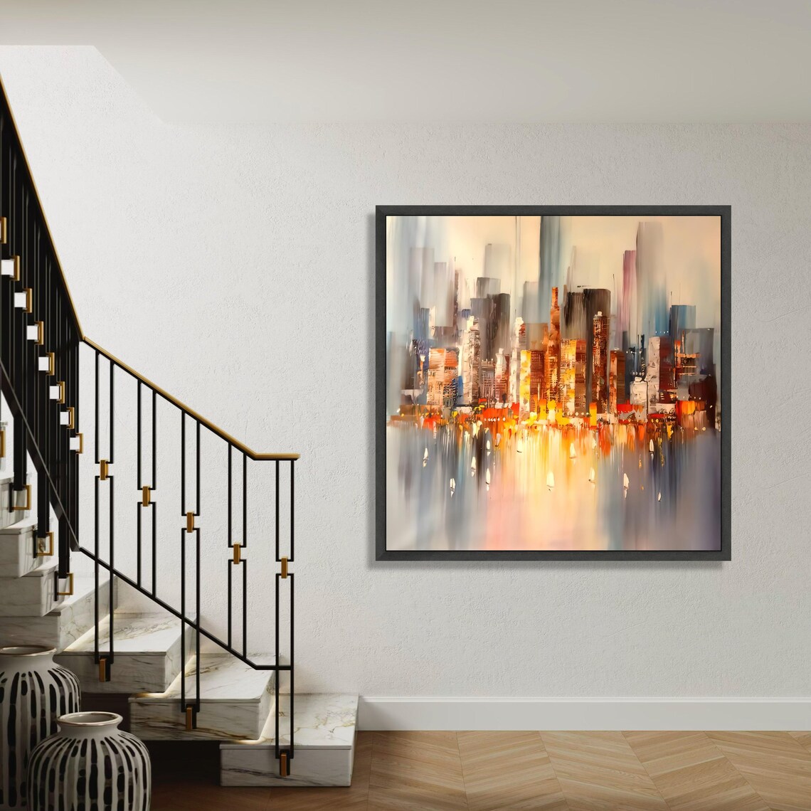Abstract City Skyline Sunset Reflections Modern Urban Painting Poster