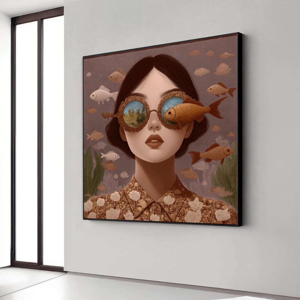 Surreal Woman With Nature Reflection Fish Glasses Portrait Poster