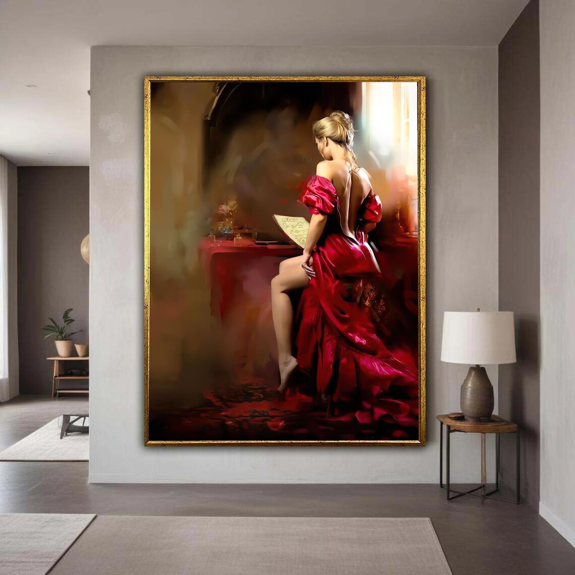 Elegant Woman in Red Dress Reading Romantic Vintage Art Poster
