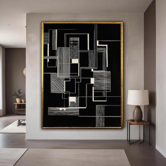 Modern Geometric Abstract Canvas Wall Art Black And White Minimalist Lines Contemporary Home Decoration Large Scale Gift Decor