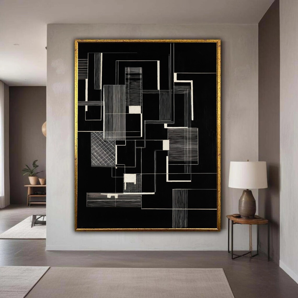 Modern Geometric Abstract Canvas Wall Art Black And White Minimalist Lines Contemporary Home Decoration Large Scale Gift Decor