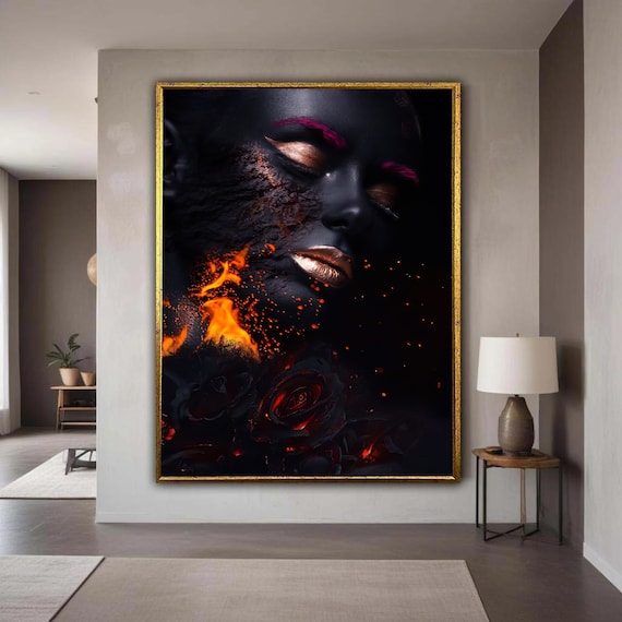 Dark Fantasy Portrait Canvas Burning Rose Wall Art Dramatic Face Closeup Black And Gold Makeup Fiery Abstract Gift Home Decor