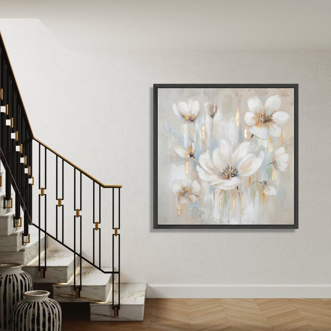 White Blossoms Abstract Floral Canvas Gold Accents Modern Neutral Poster