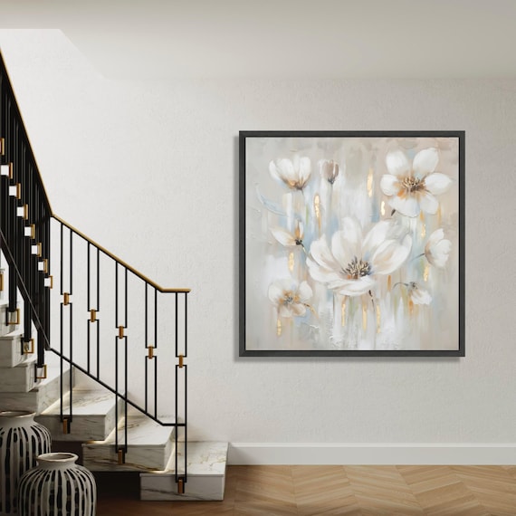 White Blossoms Abstract Floral Canvas Gold Accents Modern Neutral Poster