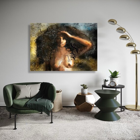 Abstract Nude Woman Portrait Swirling Gold Gray Expressive Poster