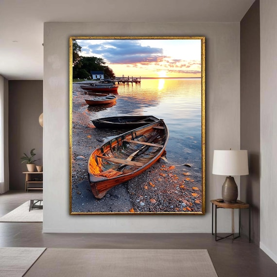 Wooden Rowboats on Peaceful Lakeshore Golden Sunrise Lake Wall Art