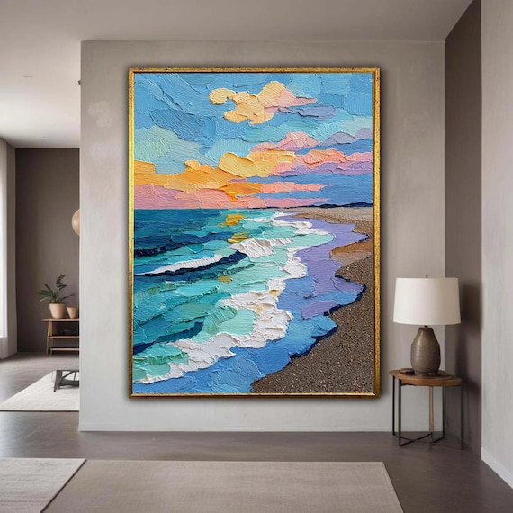 Turquoise Ocean Sunset Waves Impasto Abstract Seascape Art Poster
