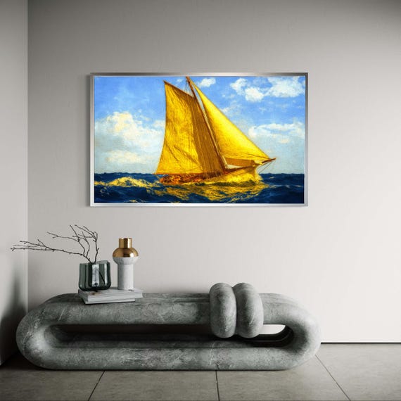 Golden Sailboat Canvas Print Acrylic Painting Style Nautical Art Ocean Waves Sea Scene Classic Maritime Wall Decor Adventure Awaits Gift