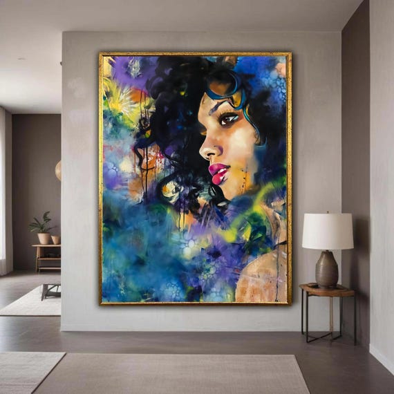 Vibrant Woman Portrait Canvas Abstract Face Art Colorful Modern Wall Decor Urban Style Feminine Expression Gift Home