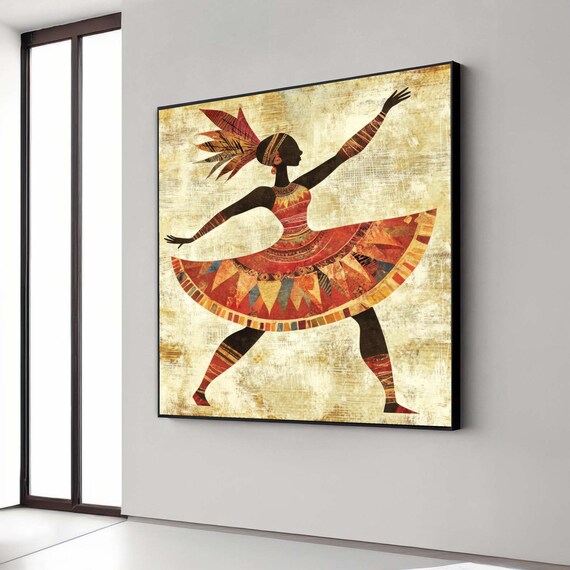 African Tribal Dancer Canvas Print Colorful Cultural Dance Art Vibrant Ethnic Silhouette Wall Decor Dynamic Movement Folk Artwork