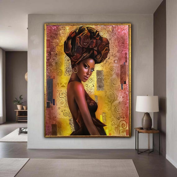 Elegant African Woman Portrait Canvas Ethnic Headwrap Art Modern Abstract Wall Bold Colorful Home Decor Ready Gift