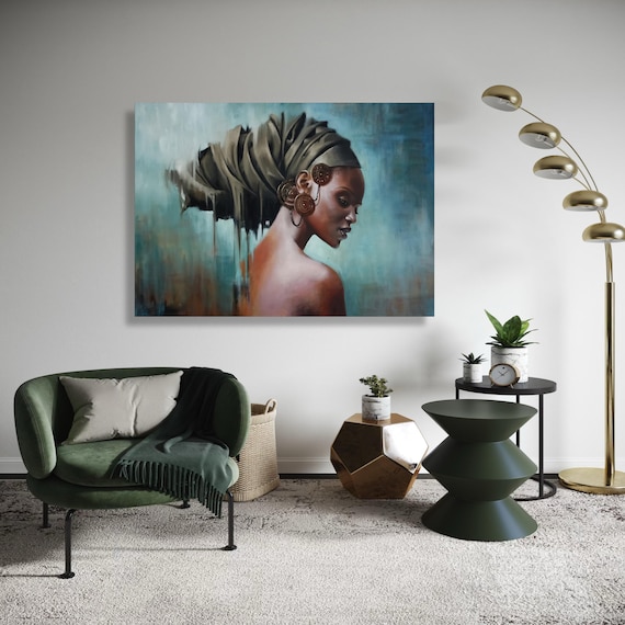Elegant African Woman Headwrap Portrait Modern Figurative Oil Poster
