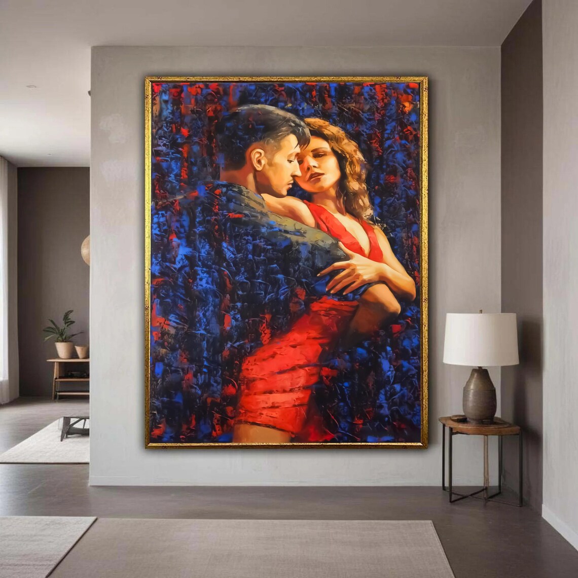Passionate Tango Dance Couple Red Dress Embrace Oil Painting Poster