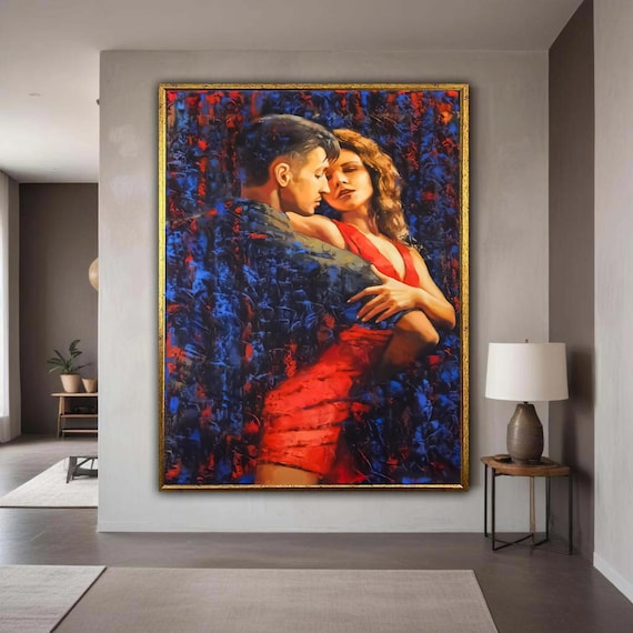 Passionate Tango Dance Couple Red Dress Embrace Oil Painting Poster