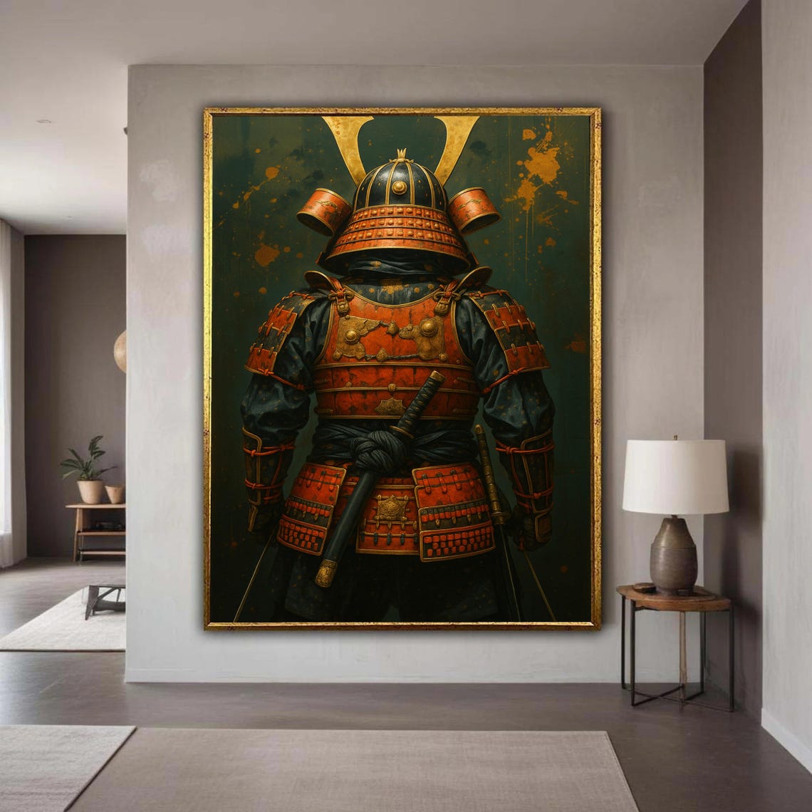 Samurai in Red Armor Back View Ornate Helmet Japanese Art Poster