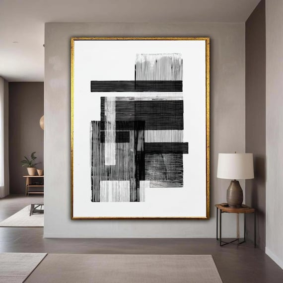 Modern Black And White Abstract Canvas Geometric Line Art Minimalist Wall Decor Contemporary Print Monochrome Gift Home