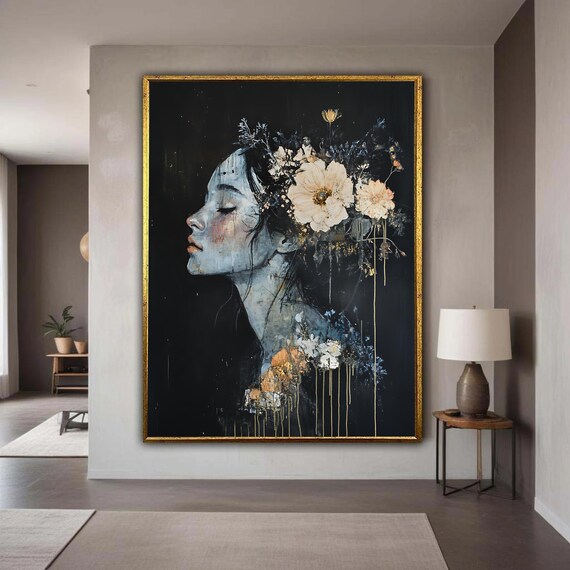 Floral Headdress Woman Profile Dark Moody Painterly Wall Art