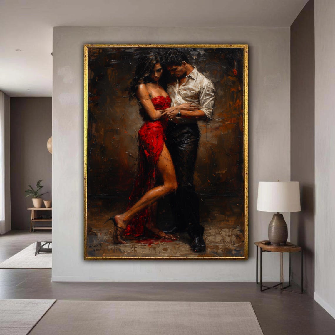 Passionate Tango Dancers Red Dress Dramatic Oil Painting Art Poster