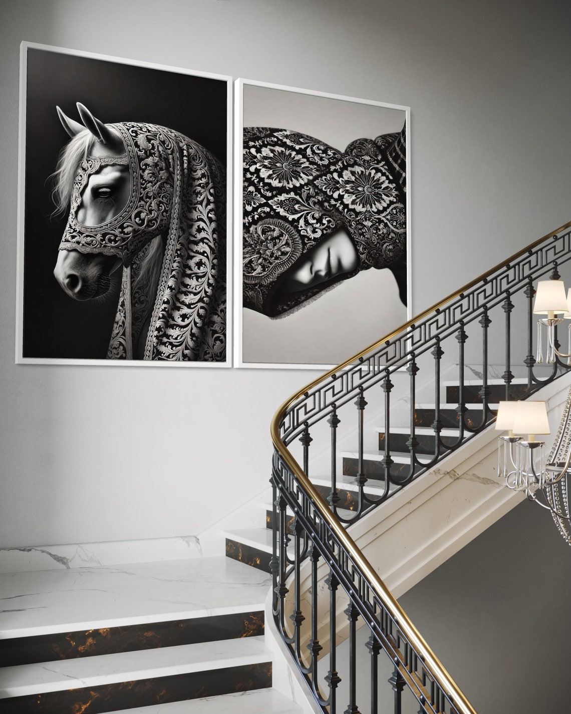 Black White Baroque Horse Veiled Woman Elegant Diptych Poster