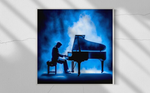 Elegant Pianist Blue Stage Light Grand Piano Silhouette Music Poster